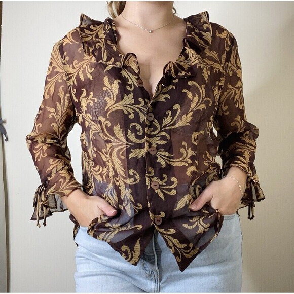 Miss Dorby Petite Brown Sheer Ruffle Blouse Top Size Medium Petite - Picture 1 of 12